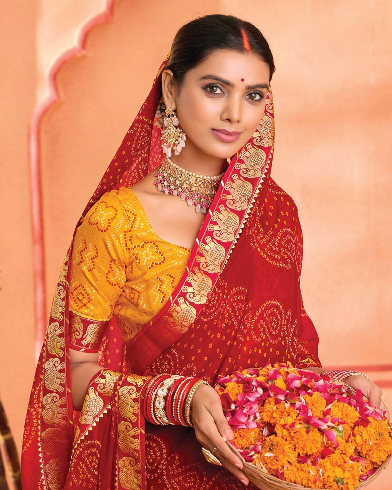 Vishal Prints Dark Red Bandhani Print Georgette Saree With Foil Print And Fancy Border
