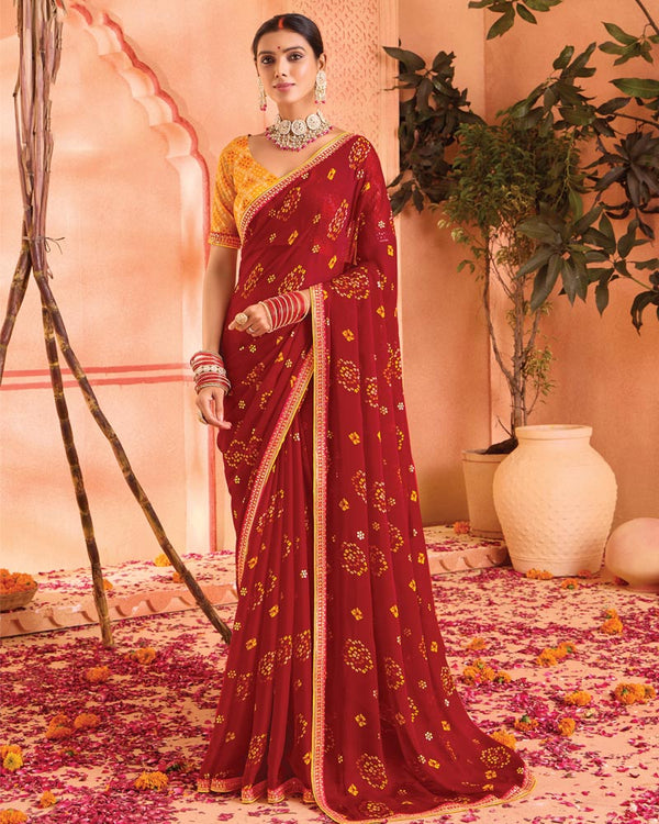 Vishal Prints Dark Red Bandhani Print Georgette Saree With Foil Print And Fancy Border