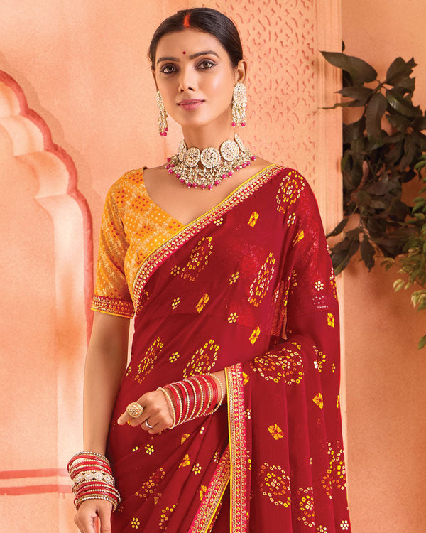 Vishal Prints Dark Red Bandhani Print Georgette Saree With Foil Print And Fancy Border