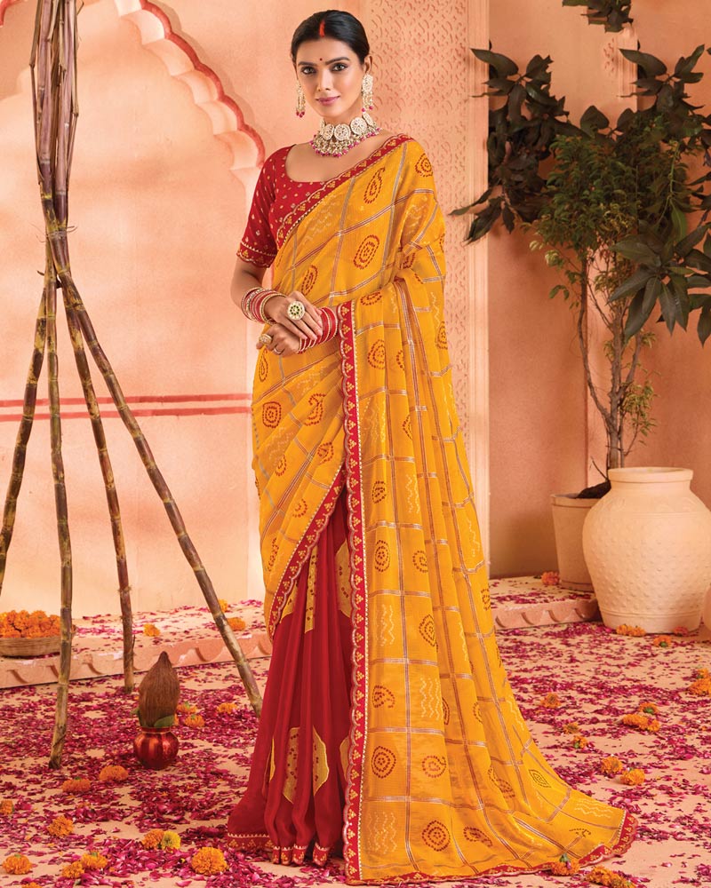 Vishal Prints Yellowish Orange Bandhani Print Chiffon Saree With Foil Print And Fancy Border