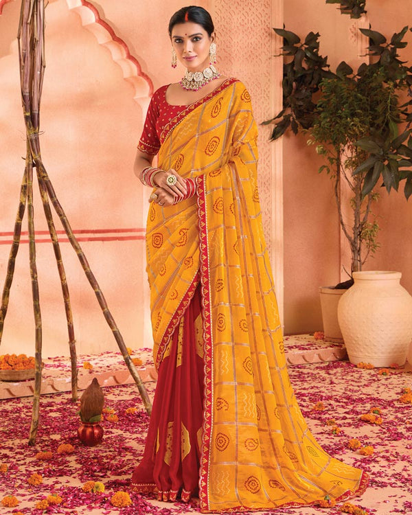 Vishal Prints Yellowish Orange Bandhani Print Chiffon Saree With Foil Print And Fancy Border