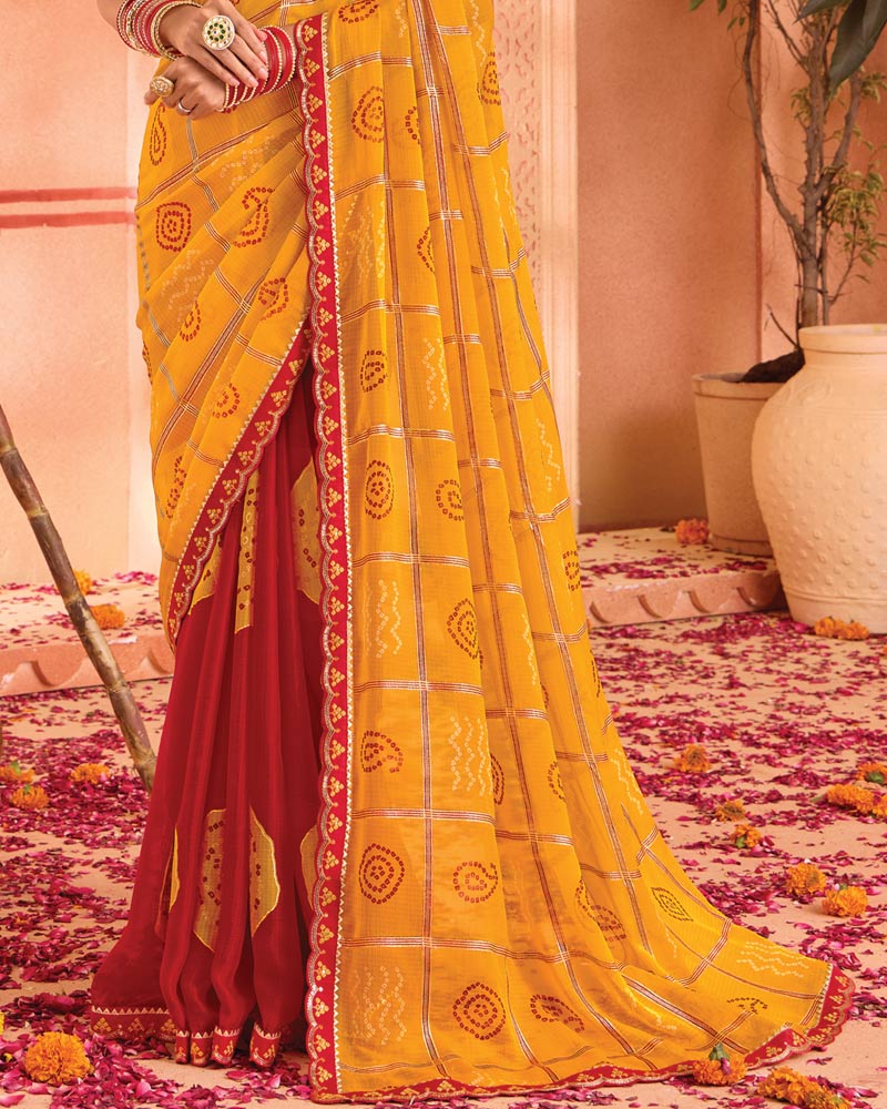 Vishal Prints Yellowish Orange Bandhani Print Chiffon Saree With Foil Print And Fancy Border