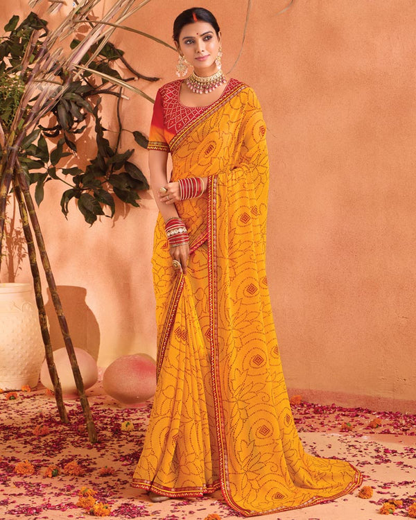 Vishal Prints Dark Yellow Bandhani Print Georgette Saree With Foil Print And Fancy Border