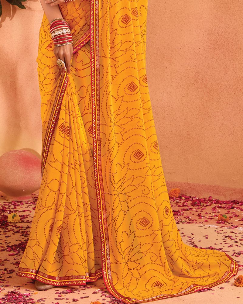 Vishal Prints Dark Yellow Bandhani Print Georgette Saree With Foil Print And Fancy Border