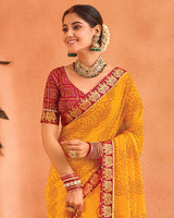 Vishal Prints Golden Yellow Bandhani Print Georgette Saree With Foil Print And Fancy Border