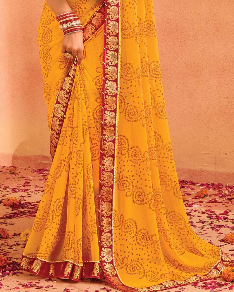 Vishal Prints Golden Yellow Bandhani Print Georgette Saree With Foil Print And Fancy Border