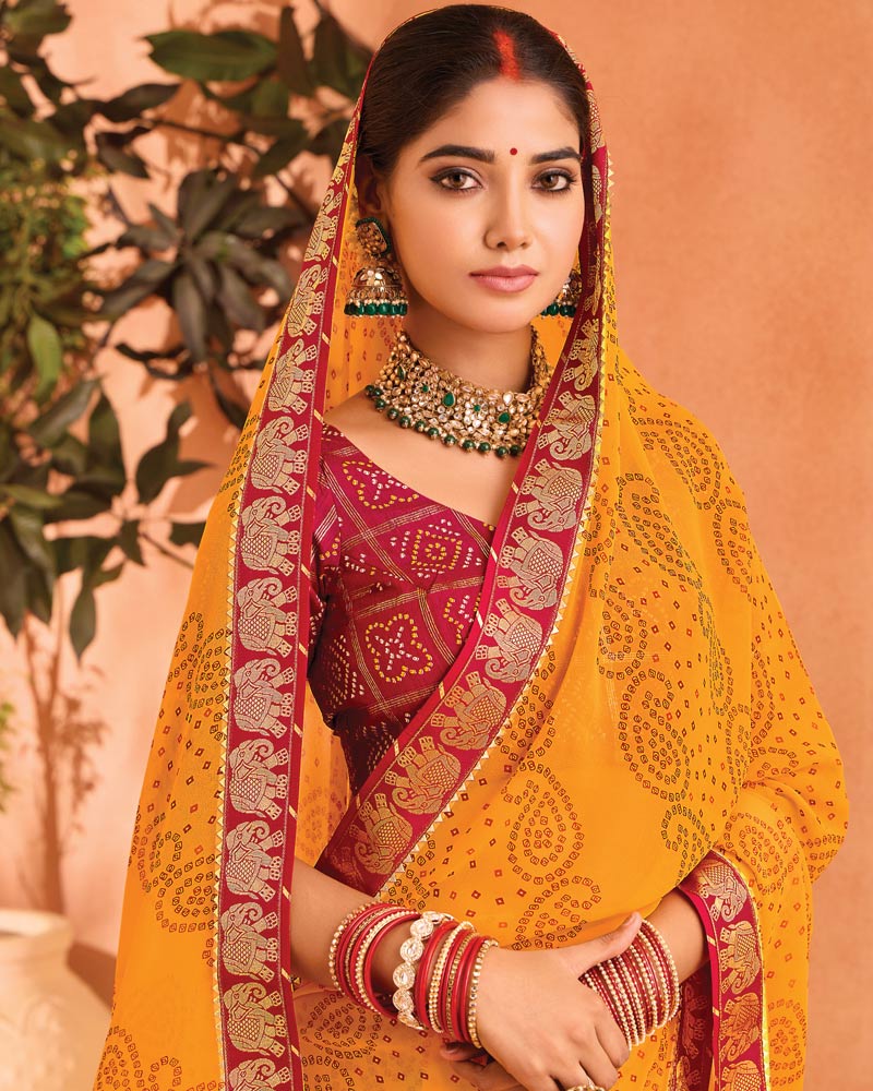 Vishal Prints Golden Yellow Bandhani Print Georgette Saree With Foil Print And Fancy Border
