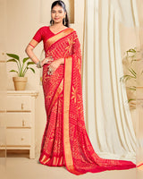 Vishal Prints Bright Cadmium Red Criva Crepe Digital Print Saree With Weaved Viscose Patta