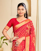 Vishal Prints Bright Cadmium Red Criva Crepe Digital Print Saree With Weaved Viscose Patta