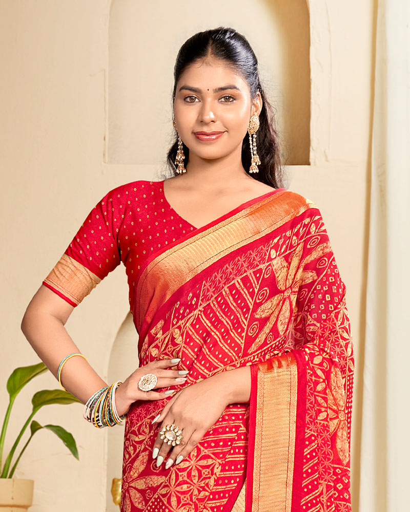 Vishal Prints Bright Cadmium Red Criva Crepe Digital Print Saree With Weaved Viscose Patta