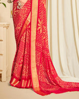 Vishal Prints Bright Cadmium Red Criva Crepe Digital Print Saree With Weaved Viscose Patta