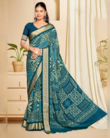 Vishal Prints Prussian Blue Criva Crepe Digital Print Saree With Weaved Viscose Patta