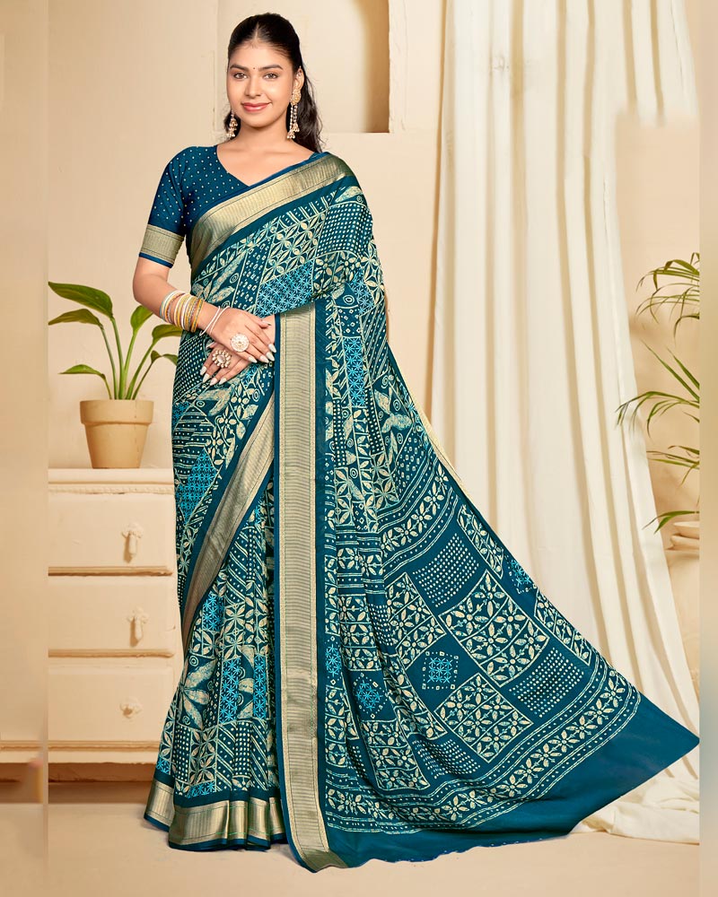 Vishal Prints Prussian Blue Criva Crepe Digital Print Saree With Weaved Viscose Patta