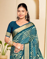 Vishal Prints Prussian Blue Criva Crepe Digital Print Saree With Weaved Viscose Patta
