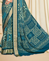 Vishal Prints Prussian Blue Criva Crepe Digital Print Saree With Weaved Viscose Patta