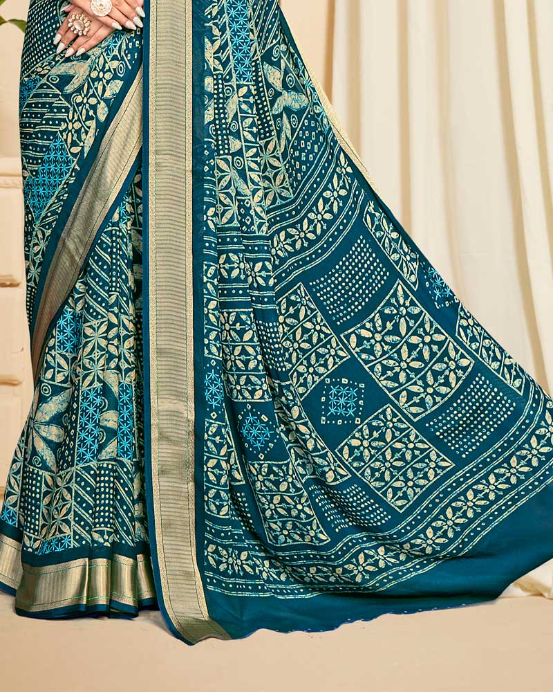 Vishal Prints Prussian Blue Criva Crepe Digital Print Saree With Weaved Viscose Patta