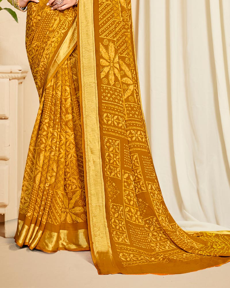 Vishal Prints Rusty Orange Criva Crepe Digital Print Saree With Weaved Viscose Patta