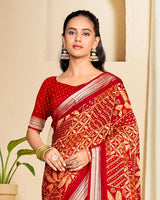 Vishal Prints Milano Red Criva Crepe Digital Print Saree With Weaved Viscose Patta