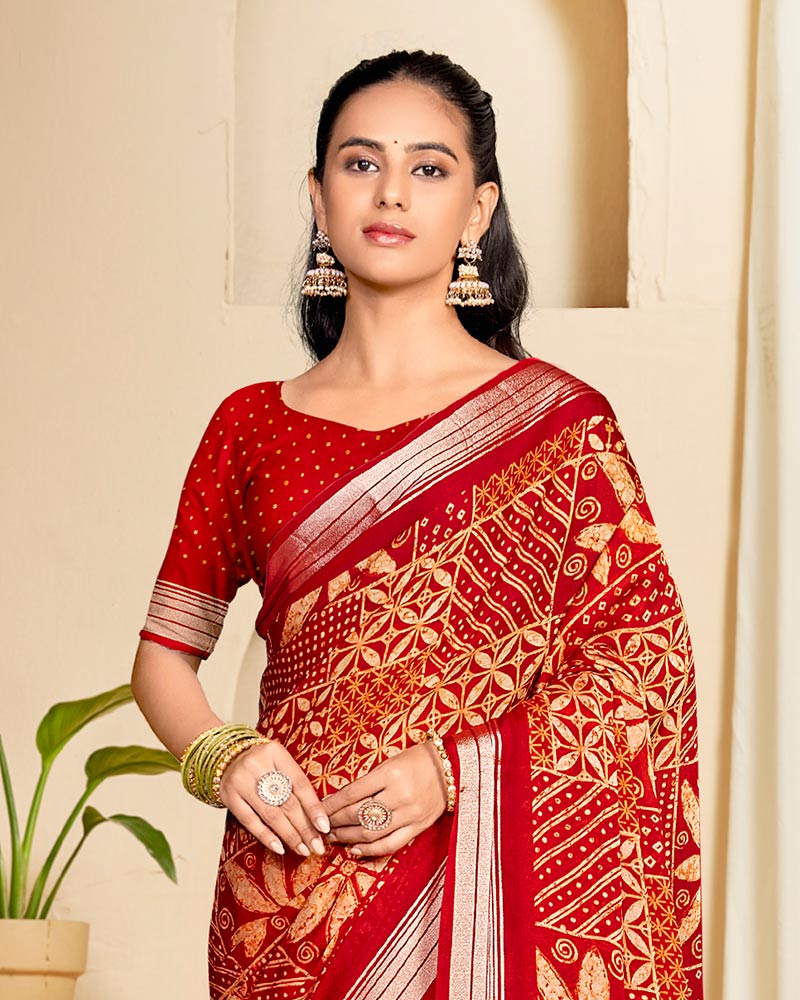 Vishal Prints Milano Red Criva Crepe Digital Print Saree With Weaved Viscose Patta