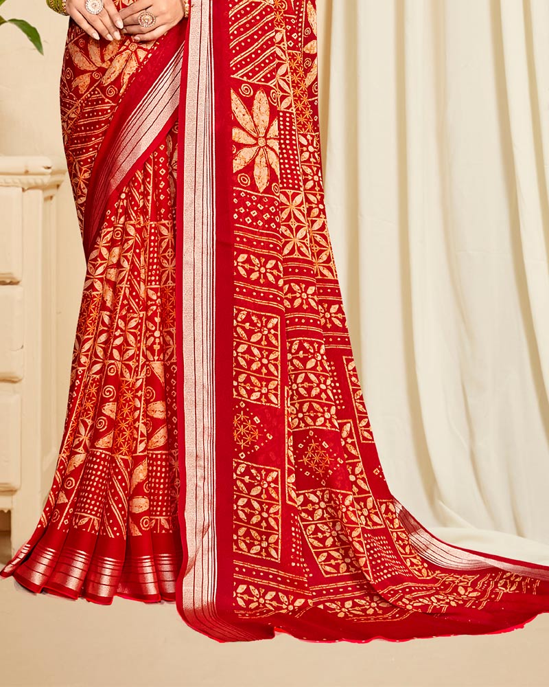Vishal Prints Milano Red Criva Crepe Digital Print Saree With Weaved Viscose Patta