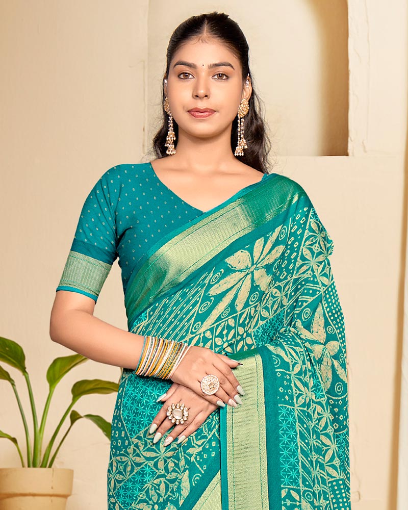Vishal Prints Surfie Green Criva Crepe Digital Print Saree With Weaved Viscose Patta