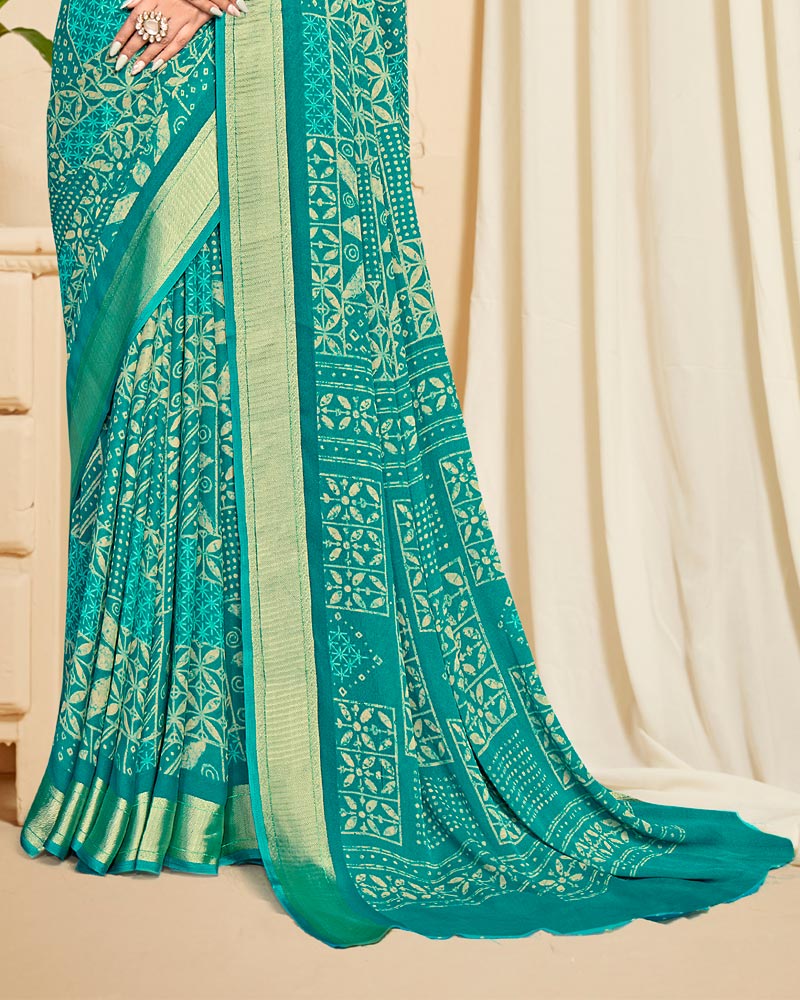 Vishal Prints Surfie Green Criva Crepe Digital Print Saree With Weaved Viscose Patta