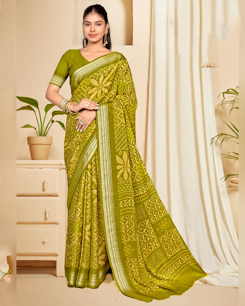 Vishal Prints Olive Yellow Criva Crepe Digital Print Saree With Weaved Viscose Patta