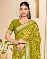 Vishal Prints Olive Yellow Criva Crepe Digital Print Saree With Weaved Viscose Patta