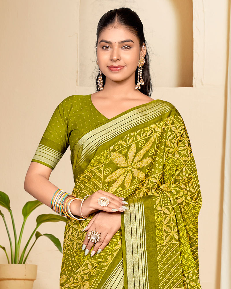 Vishal Prints Olive Yellow Criva Crepe Digital Print Saree With Weaved Viscose Patta