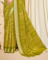 Vishal Prints Olive Yellow Criva Crepe Digital Print Saree With Weaved Viscose Patta