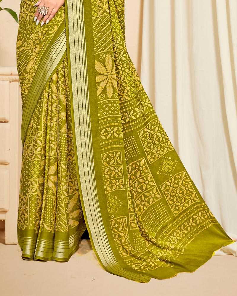 Vishal Prints Olive Yellow Criva Crepe Digital Print Saree With Weaved Viscose Patta