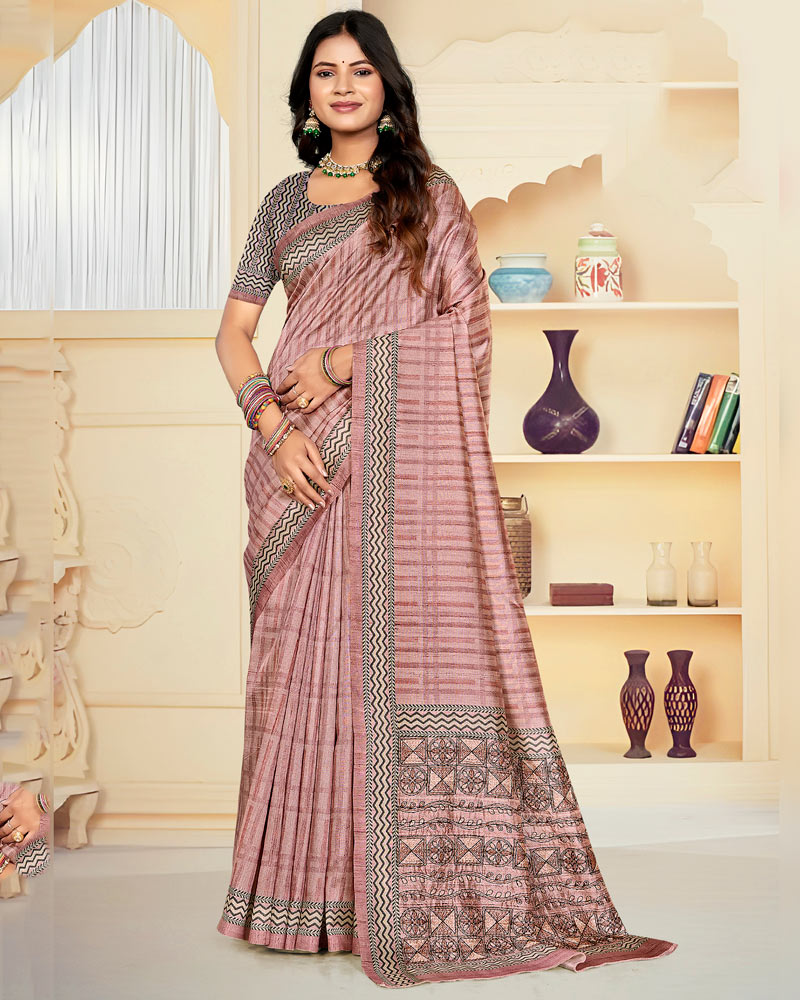 Vishal Prints Oriental Pink Digital Print Tussar Silk Saree With Katha Work