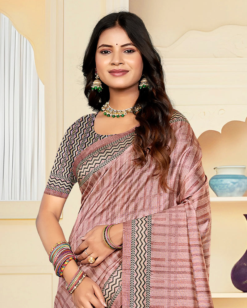 Vishal Prints Oriental Pink Digital Print Tussar Silk Saree With Katha Work