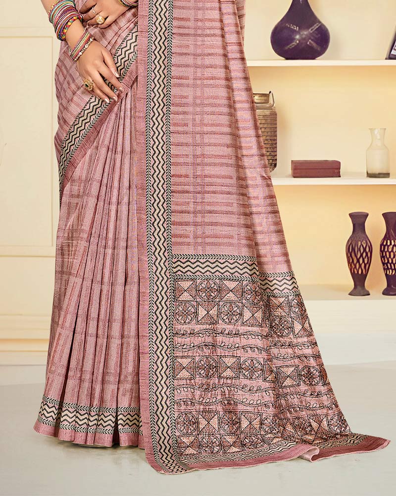 Vishal Prints Oriental Pink Digital Print Tussar Silk Saree With Katha Work
