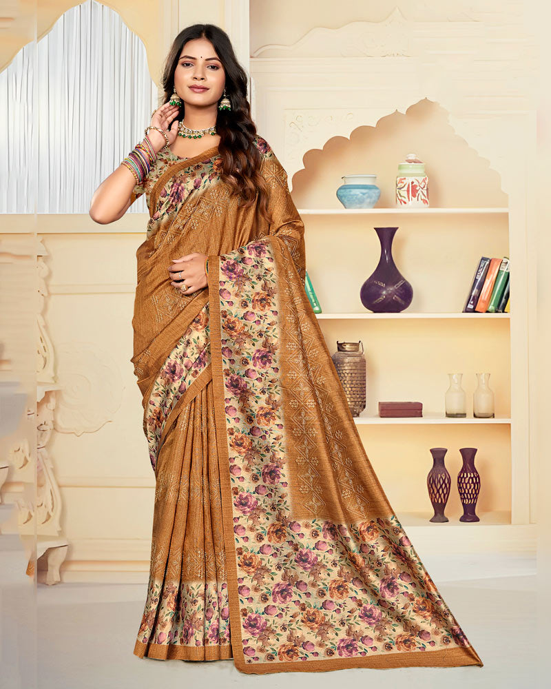 Vishal Prints Dusty Orange Digital Print Tussar Silk Saree With Katha Work