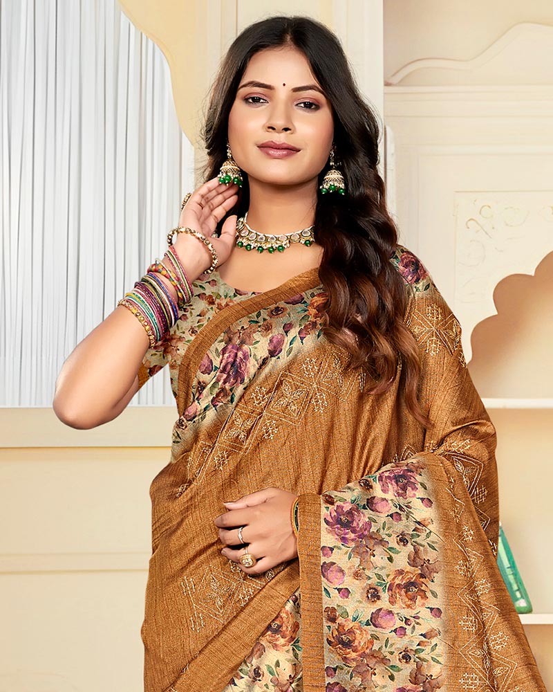 Vishal Prints Dusty Orange Digital Print Tussar Silk Saree With Katha Work
