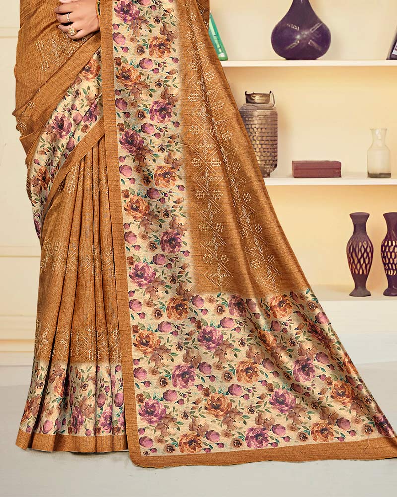 Vishal Prints Dusty Orange Digital Print Tussar Silk Saree With Katha Work