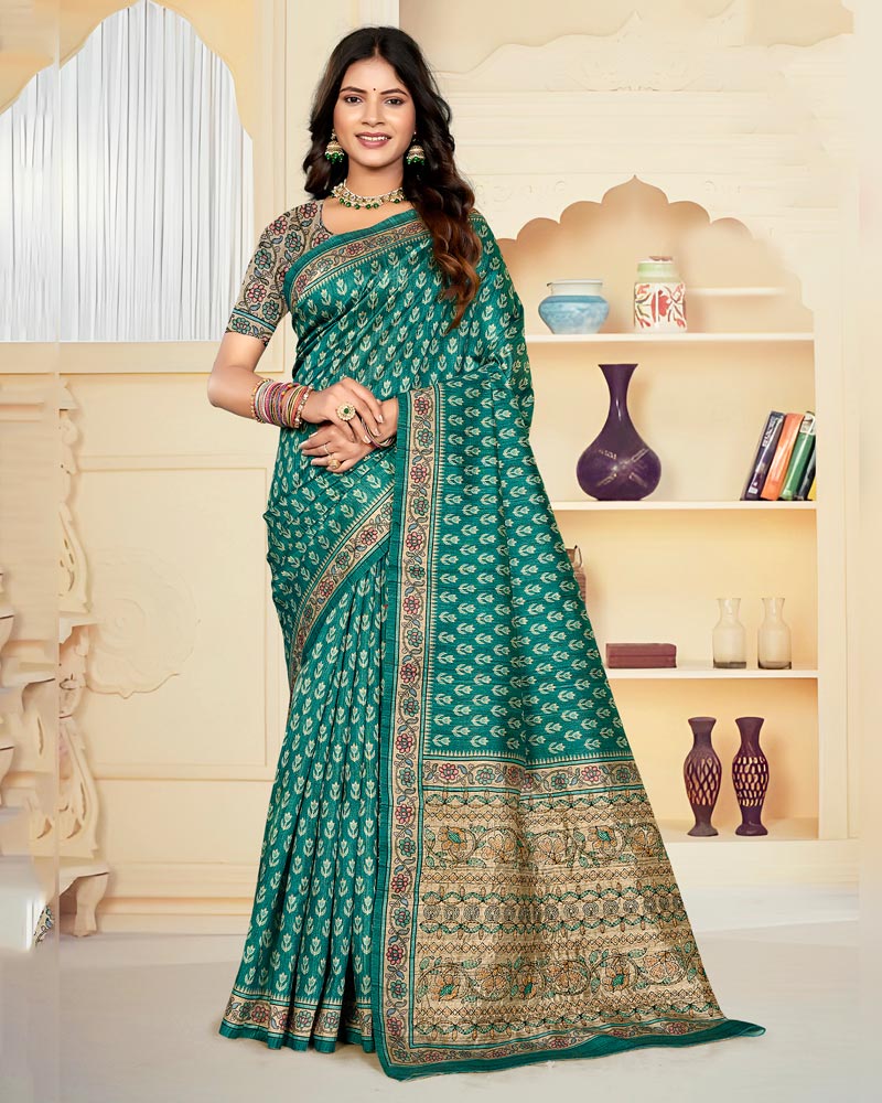 Vishal Prints Deep Sea Green Digital Print Tussar Silk Saree With Katha Work