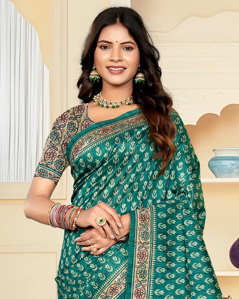 Vishal Prints Deep Sea Green Digital Print Tussar Silk Saree With Katha Work
