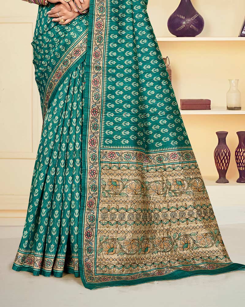 Vishal Prints Deep Sea Green Digital Print Tussar Silk Saree With Katha Work