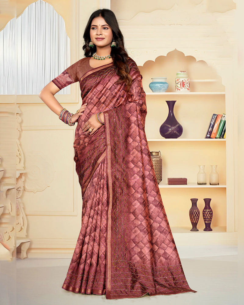 Vishal Prints Dusty Rose Pink Digital Print Tussar Silk Saree With Katha Work