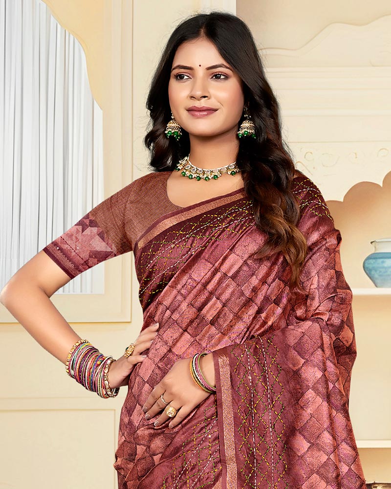 Vishal Prints Dusty Rose Pink Digital Print Tussar Silk Saree With Katha Work
