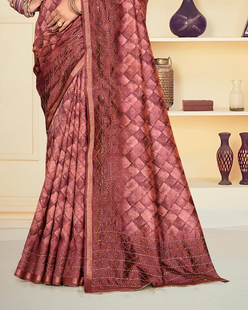 Vishal Prints Dusty Rose Pink Digital Print Tussar Silk Saree With Katha Work