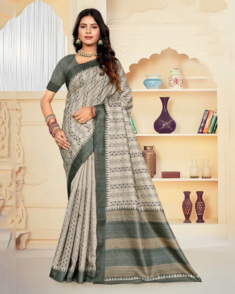 Vishal Prints Spanish Cream Digital Print Tussar Silk Saree With Katha Work