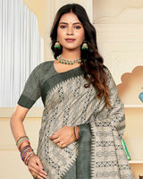 Vishal Prints Spanish Cream Digital Print Tussar Silk Saree With Katha Work