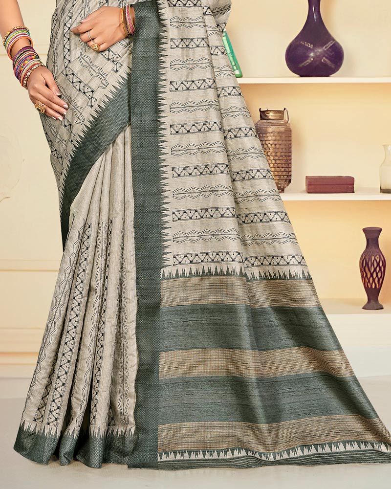 Vishal Prints Spanish Cream Digital Print Tussar Silk Saree With Katha Work