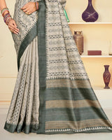 Vishal Prints Spanish Cream Digital Print Tussar Silk Saree With Katha Work