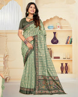 Vishal Prints Summer Green Digital Print Tussar Silk Saree With Katha Work