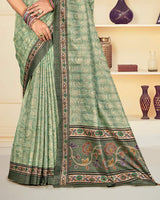 Vishal Prints Summer Green Digital Print Tussar Silk Saree With Katha Work