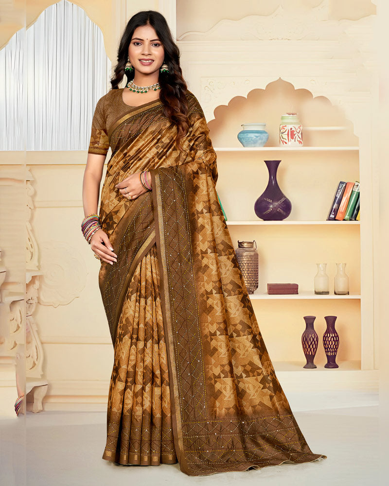 Vishal Prints Brownish Orange Digital Print Tussar Silk Saree With Katha Work
